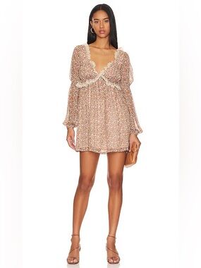 FREE PEOPLE Pennie mini Dress Brown Floral Lace-Trim Babydoll Dress